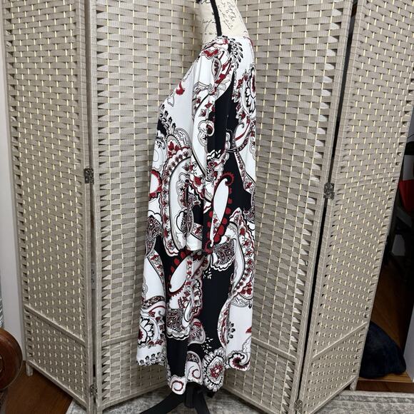 Chico’s Trapeze Slinky Knit Dress Size 1 M Black White Red Paisley Stretch NEW - Picture 2 of 10